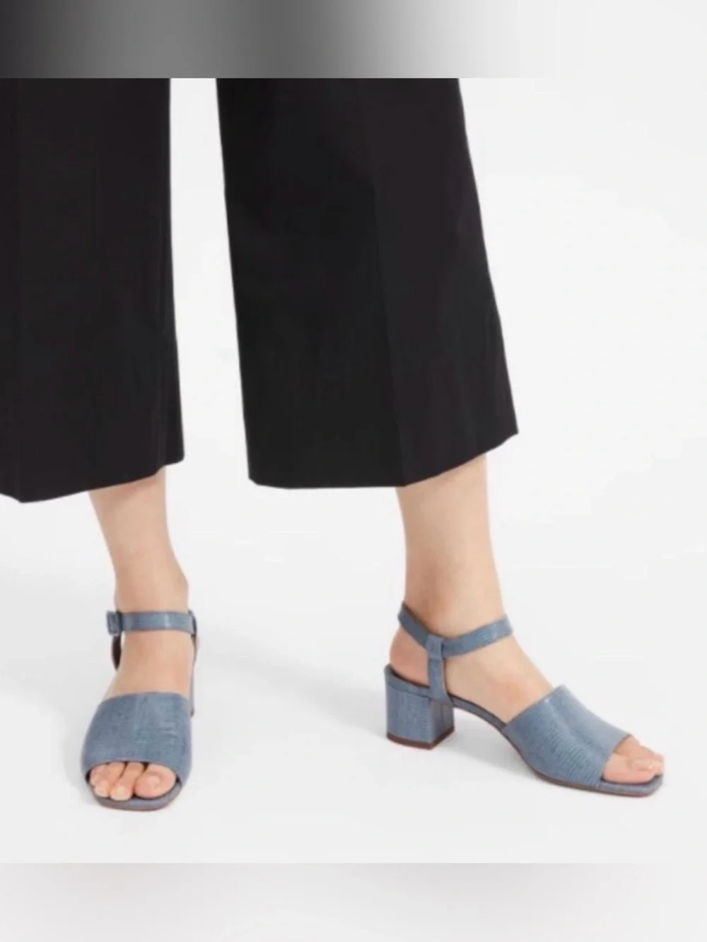 everlane blue lizard block heel sandals made in italy